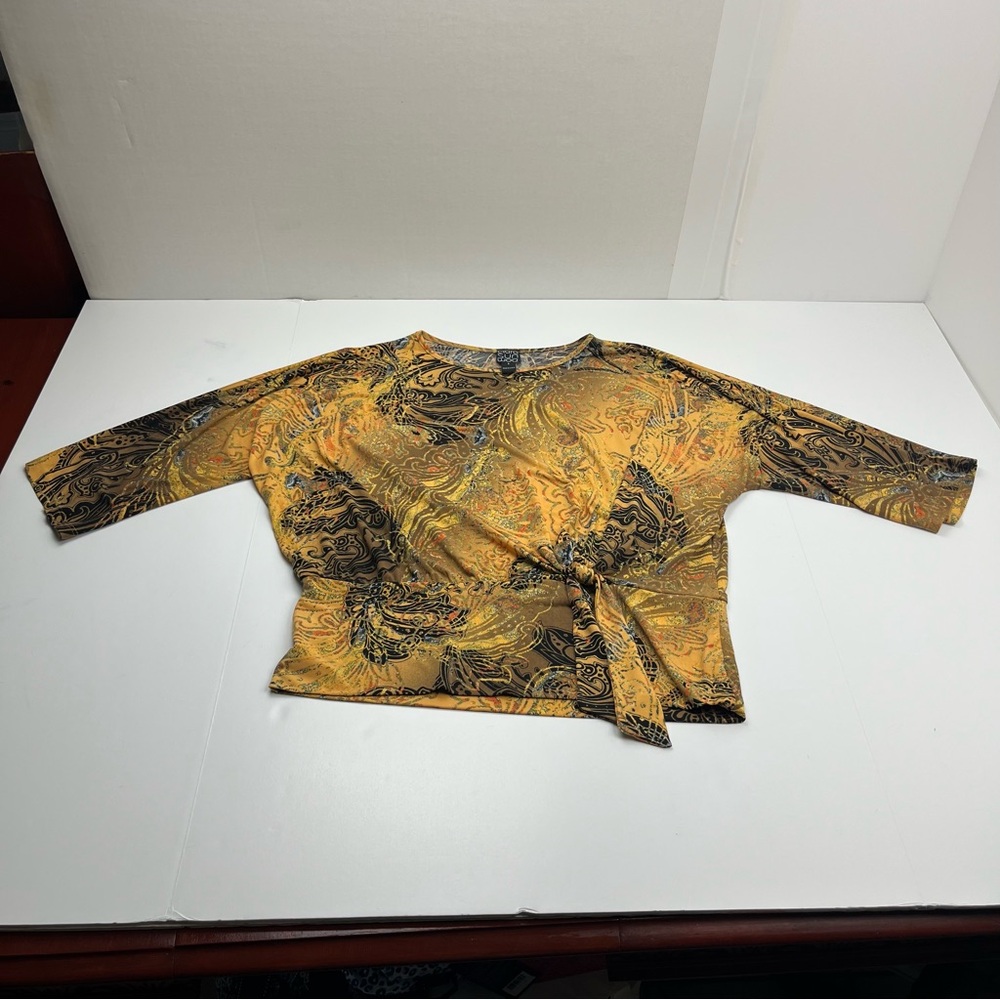 Clara SunWoo Womens Size Large Gold Black Faux Tie Paisley Top Lagenlook